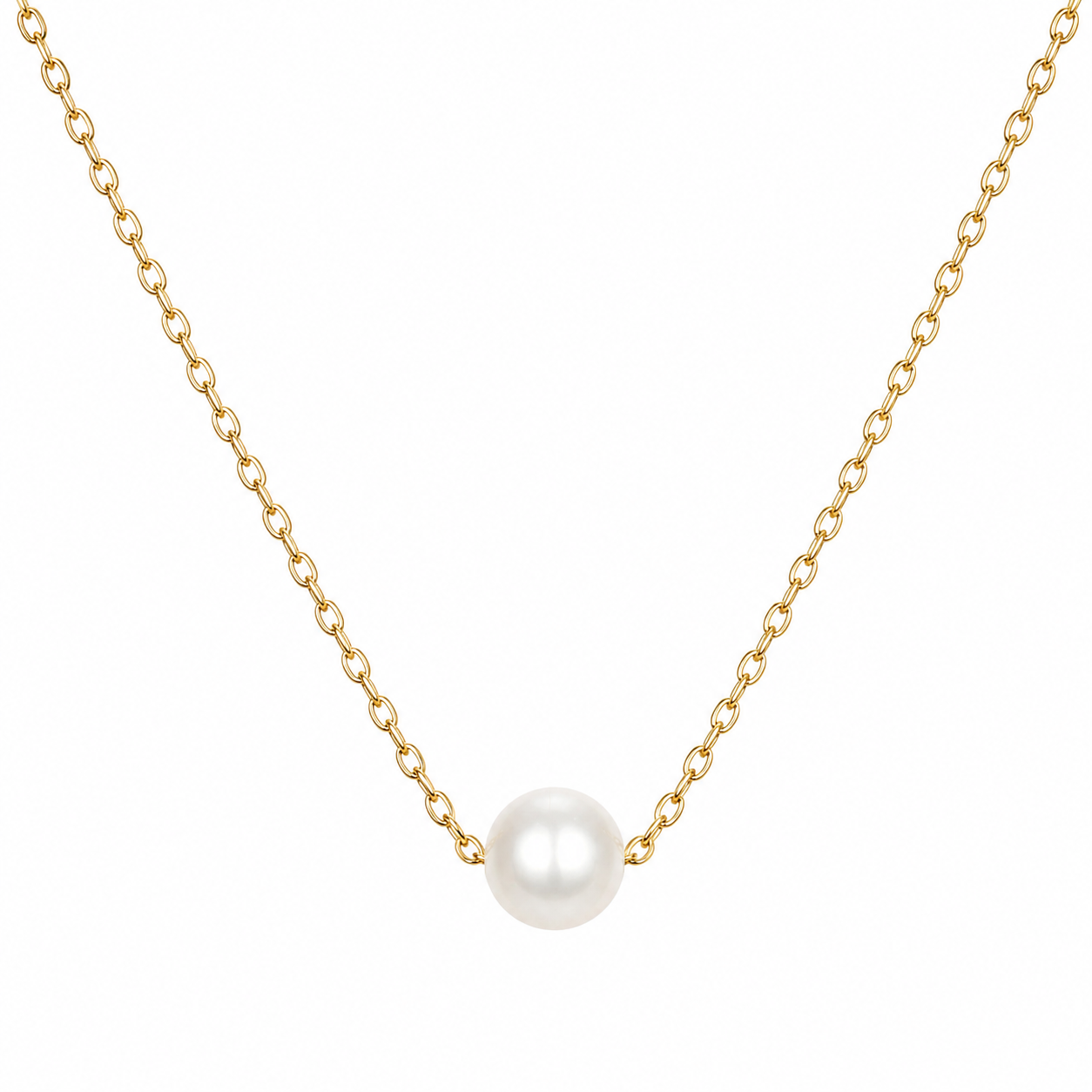 Addison Gold Pearl Station Necklace, shell pearl on 18K gold-plated stainless steel chain