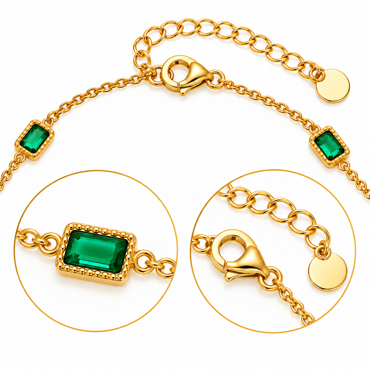 Gold chain bracelet with rectangular green gemstone accents, shown on a white background with two circular close-up detail insets highlighting the clasp and one gemstone.
